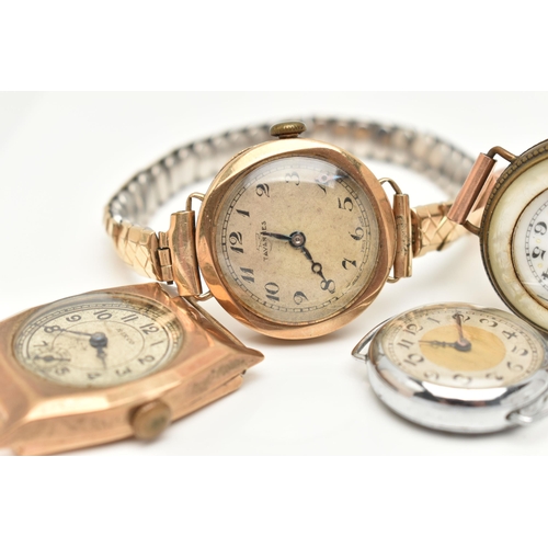 127 - FOUR EARLY 20TH CENTURY WATCHES/WATCH HEADS, to include two 9ct gold watch heads, one with an expand... 