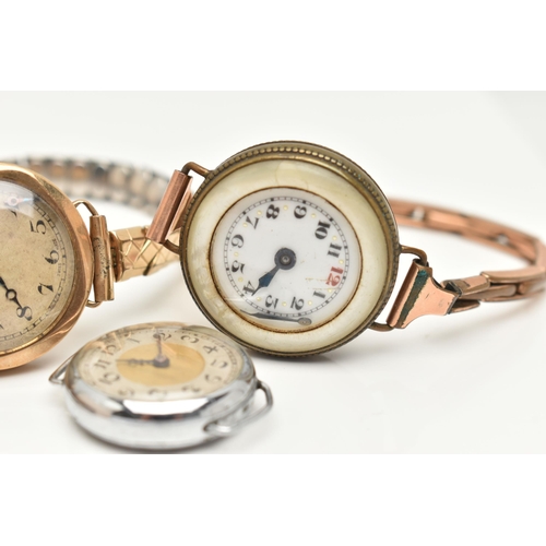 127 - FOUR EARLY 20TH CENTURY WATCHES/WATCH HEADS, to include two 9ct gold watch heads, one with an expand... 