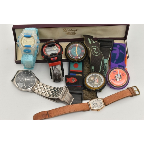 212 - A SELECTION OF WATCHES, to include an early 20th century 9ct gold watch, the white face with black R... 