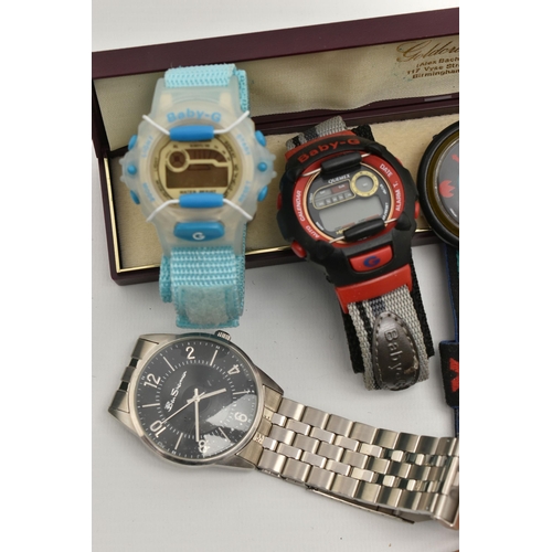 212 - A SELECTION OF WATCHES, to include an early 20th century 9ct gold watch, the white face with black R... 