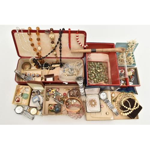 173 - A BOX OF WATCHES, JEWELLERY AND OTHER ITEMS, to include costume jewellery, faceted paste necklaces, ... 