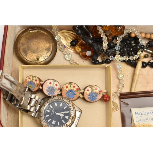 173 - A BOX OF WATCHES, JEWELLERY AND OTHER ITEMS, to include costume jewellery, faceted paste necklaces, ... 