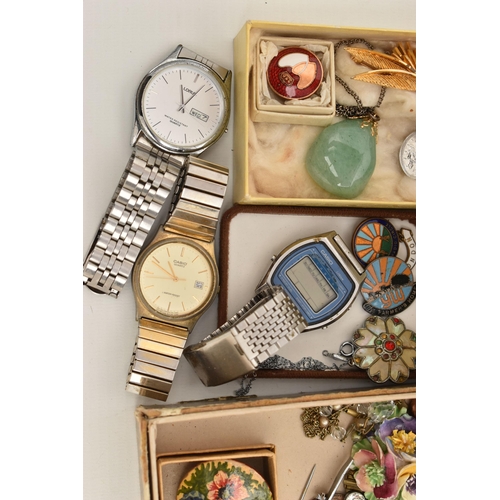 173 - A BOX OF WATCHES, JEWELLERY AND OTHER ITEMS, to include costume jewellery, faceted paste necklaces, ... 