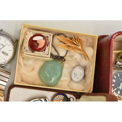 173 - A BOX OF WATCHES, JEWELLERY AND OTHER ITEMS, to include costume jewellery, faceted paste necklaces, ... 