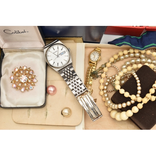 173 - A BOX OF WATCHES, JEWELLERY AND OTHER ITEMS, to include costume jewellery, faceted paste necklaces, ... 