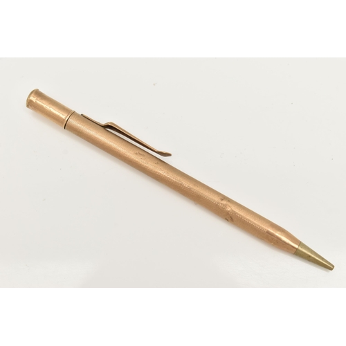 214 - A 9CT GOLD PROPELLING PENCIL, engine turned pattern with vacant cartouche, hallmarked 9ct London, ru... 