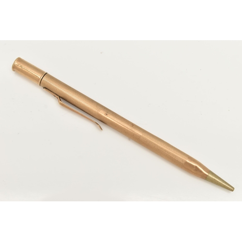 214 - A 9CT GOLD PROPELLING PENCIL, engine turned pattern with vacant cartouche, hallmarked 9ct London, ru... 