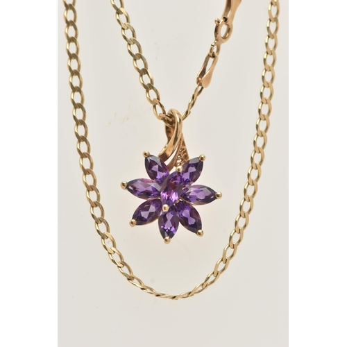 31 - A 9CT GOLD GEM SET PENDANT AND CHAIN, a floral designed pendant set with eight marquise cut amethyst... 