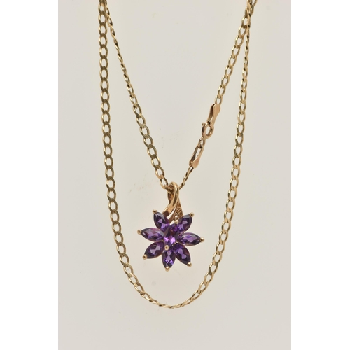 31 - A 9CT GOLD GEM SET PENDANT AND CHAIN, a floral designed pendant set with eight marquise cut amethyst... 