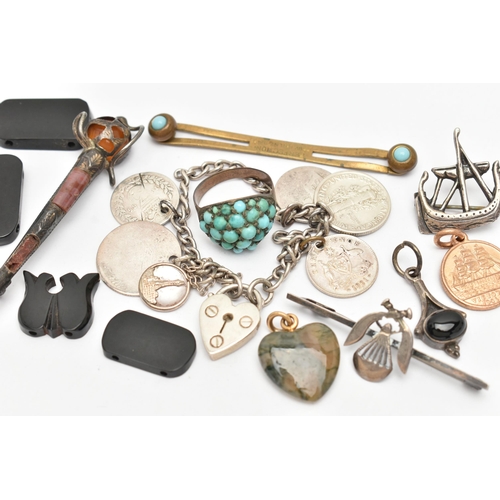 59 - A SMALL BAG OF ASSORTED ITEMS, to include a white metal Viking ship brooch stamped 'Silver' fitted w... 