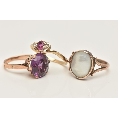 10 - THREE GEM SET RINGS, the first a 9ct yellow gold three stone ring set with a circular cut ruby and t... 