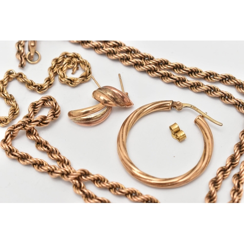 17 - AN ASSORTMENT OF 9CT GOLD AND YELLOW METAL, to include an AF yellow gold rope chain, hallmarked 9ct,... 
