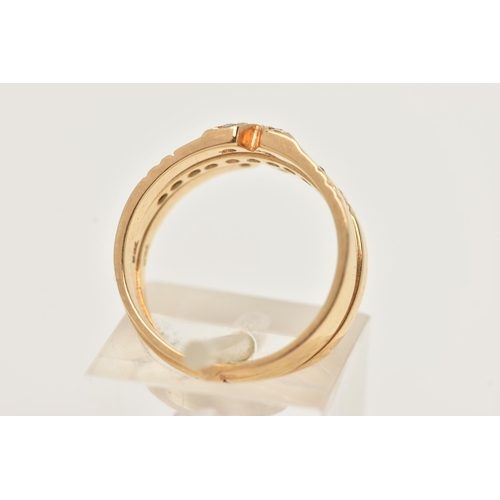 32 - A YELLOW METAL DIAMOND AND SAPPHIRE SET RING, three bands with the centre able to rotate set with a ... 