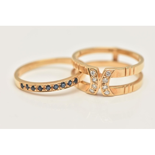 32 - A YELLOW METAL DIAMOND AND SAPPHIRE SET RING, three bands with the centre able to rotate set with a ... 