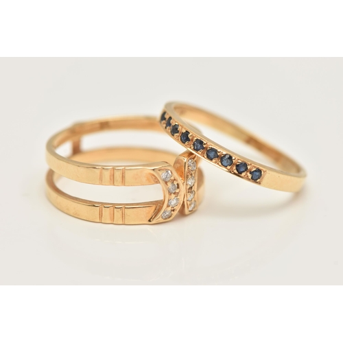 32 - A YELLOW METAL DIAMOND AND SAPPHIRE SET RING, three bands with the centre able to rotate set with a ... 
