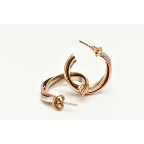 56 - A PAIR OF 9CT GOLD HOOP EARRINGS, tri colour half hoops, to the post and scroll fittings, hallmarked... 