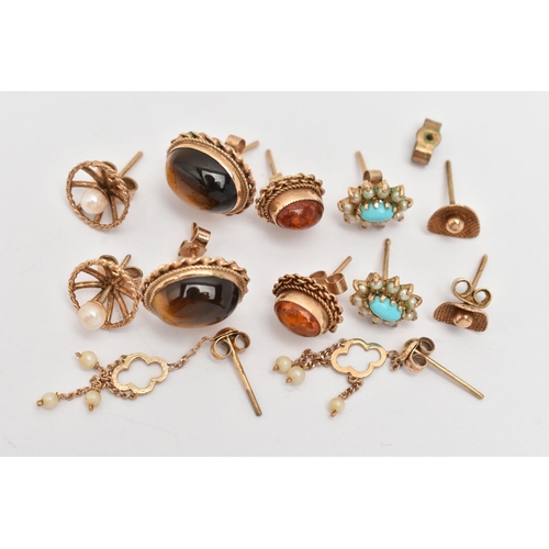 62 - SIX PAIRS OF 9CT GOLD EARRINGS, to include a pair of amber studs, a pair of tiger eye cabochon studs... 