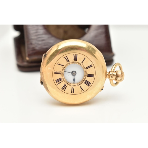 7 - AN 18CT GOLD HALF HUNTER LADIES WRISTWATCH, hand wound movement, plain round dial, yellow gold case,... 
