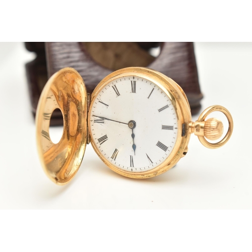 7 - AN 18CT GOLD HALF HUNTER LADIES WRISTWATCH, hand wound movement, plain round dial, yellow gold case,... 