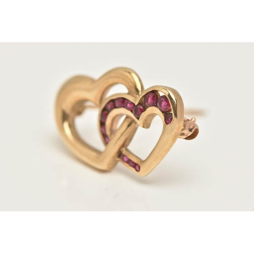 72 - A 9CT GOLD HEART BROOCH, two open work interlocking hearts one set with a row of square cut rubies, ... 