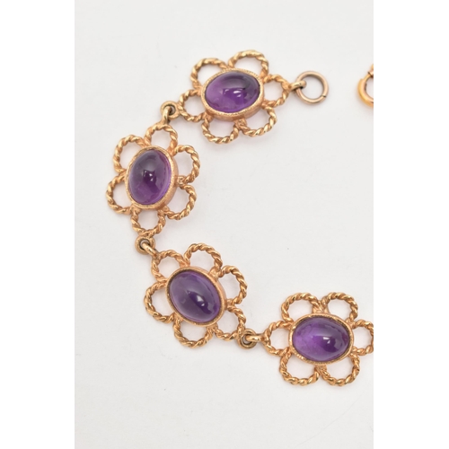 81 - A 9CT GOLD AMETHYST LINE BRACELET, designed as a series of open work, rope twist floral links each s... 