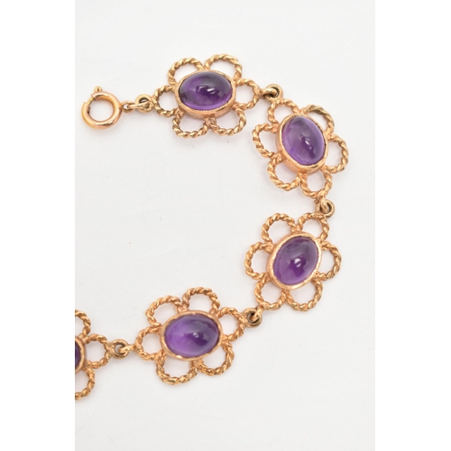 81 - A 9CT GOLD AMETHYST LINE BRACELET, designed as a series of open work, rope twist floral links each s... 