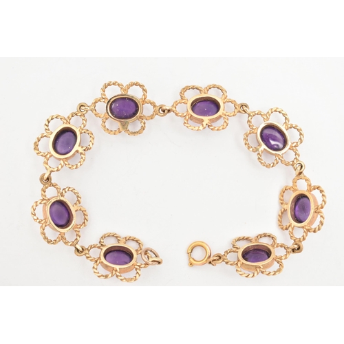 81 - A 9CT GOLD AMETHYST LINE BRACELET, designed as a series of open work, rope twist floral links each s... 