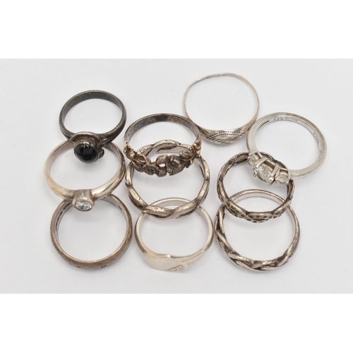 105 - TEN WHITE METAL RINGS, various designs, two with full silver hallmarks, 6.1 grams, five stamped 925,... 