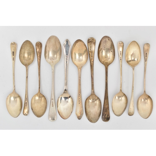 134 - AN ASSORTMENT OF SILVER TEASPOONS, eleven assorted teaspoons, all hallmarked with British hallmarks,... 