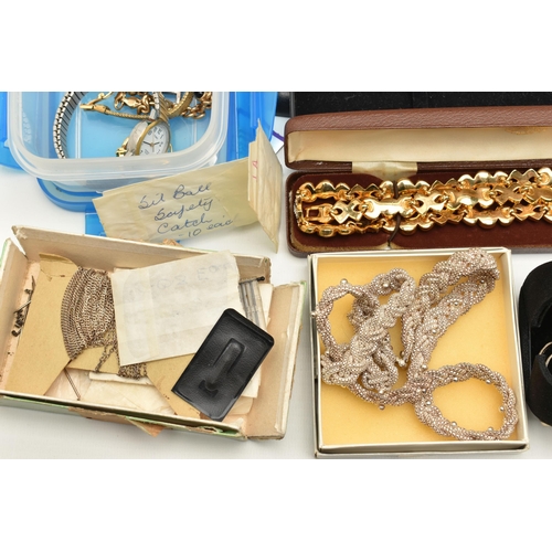 138 - A BOX OF ASSORTED SILVER AND WHITE METAL JEWELLERY AND OTHER ITEMS, to include a silver belcher link... 