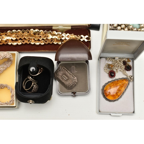 138 - A BOX OF ASSORTED SILVER AND WHITE METAL JEWELLERY AND OTHER ITEMS, to include a silver belcher link... 