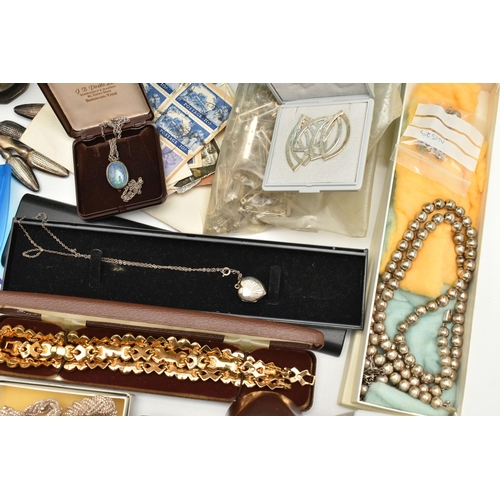 138 - A BOX OF ASSORTED SILVER AND WHITE METAL JEWELLERY AND OTHER ITEMS, to include a silver belcher link... 