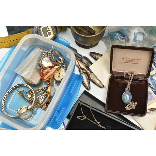 138 - A BOX OF ASSORTED SILVER AND WHITE METAL JEWELLERY AND OTHER ITEMS, to include a silver belcher link... 