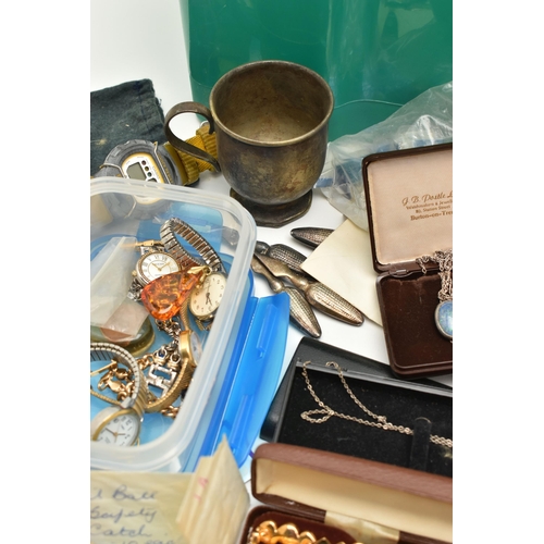 138 - A BOX OF ASSORTED SILVER AND WHITE METAL JEWELLERY AND OTHER ITEMS, to include a silver belcher link... 