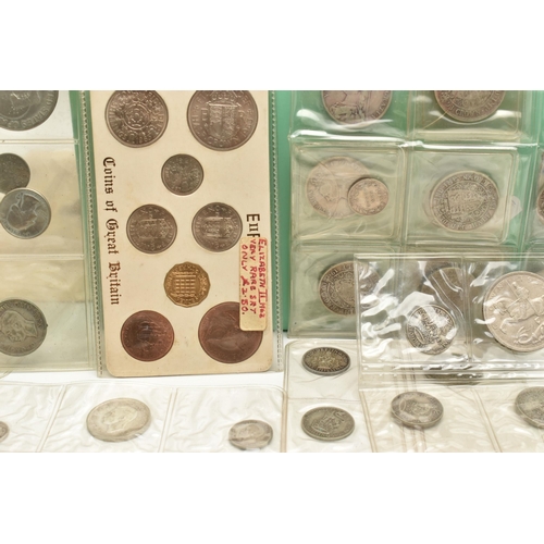 148 - A SHOE BOX OF COINS AND BANKNOTES, to include amounts of Silver and Silver content UK coins Victoria... 