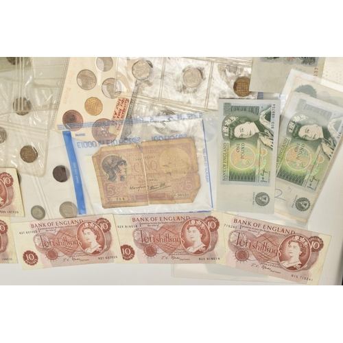 148 - A SHOE BOX OF COINS AND BANKNOTES, to include amounts of Silver and Silver content UK coins Victoria... 