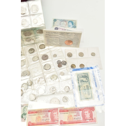 148 - A SHOE BOX OF COINS AND BANKNOTES, to include amounts of Silver and Silver content UK coins Victoria... 