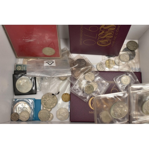 148 - A SHOE BOX OF COINS AND BANKNOTES, to include amounts of Silver and Silver content UK coins Victoria... 