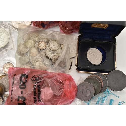 151 - A STRONGBOX OF MIXED WORLD COINAGE, to include Victoria Shilling coins 1887, 1888, 1889 Crown coin, ... 