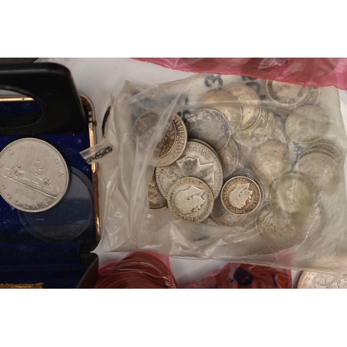 151 - A STRONGBOX OF MIXED WORLD COINAGE, to include Victoria Shilling coins 1887, 1888, 1889 Crown coin, ... 