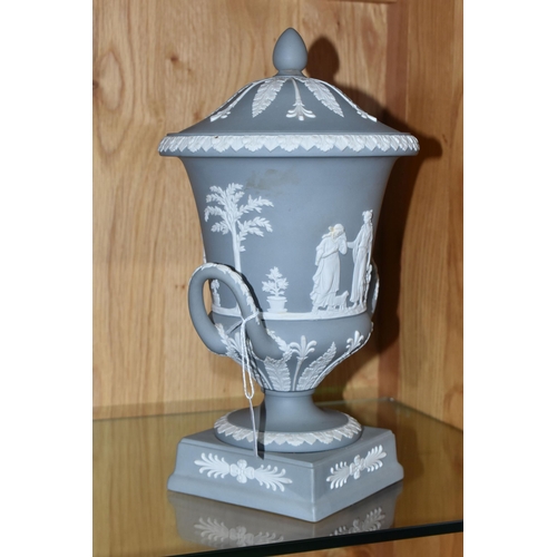 311 - A WEDGWOOD SILVER GREY JASPERWARE CAMPANA VASE AND COVER, twin handled, supported by a square base, ... 