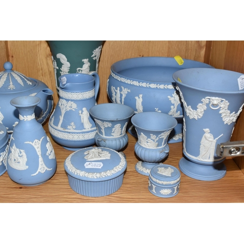 319 - ELEVEN PIECES OF WEDGWOOD JASPERWARE, comprising one jade Jasperware pedestal vase, height  19cm (ch... 