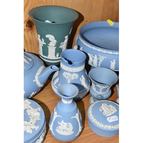 319 - ELEVEN PIECES OF WEDGWOOD JASPERWARE, comprising one jade Jasperware pedestal vase, height  19cm (ch... 