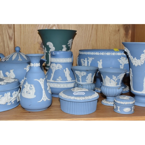 319 - ELEVEN PIECES OF WEDGWOOD JASPERWARE, comprising one jade Jasperware pedestal vase, height  19cm (ch... 