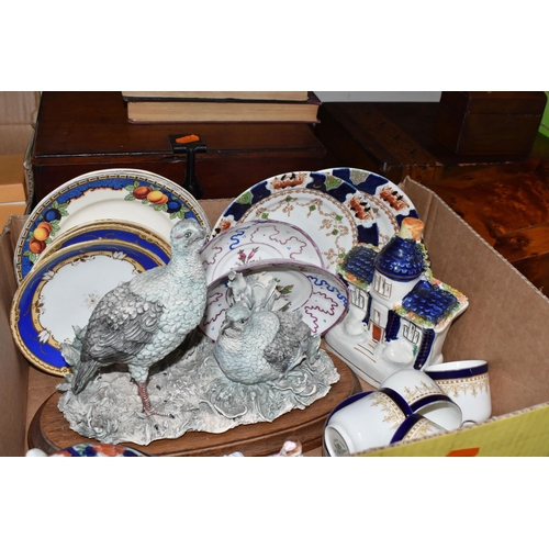 328 - A BOX AND LOOSE VINTAGE CERAMICS, BOOKS, AND BOXES to include five vintage coffee cups with four sau... 