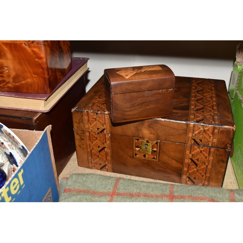 328 - A BOX AND LOOSE VINTAGE CERAMICS, BOOKS, AND BOXES to include five vintage coffee cups with four sau... 