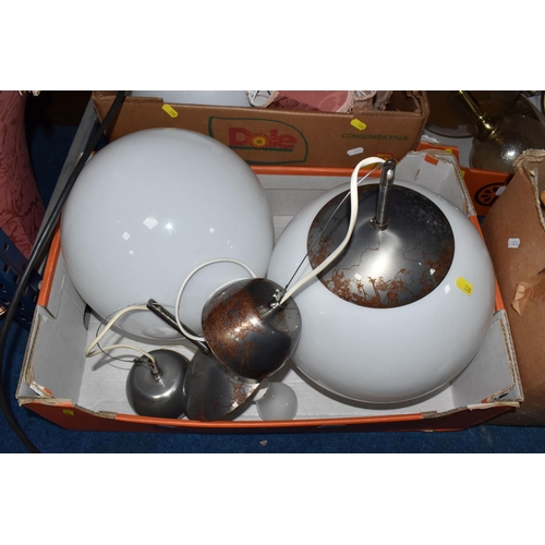 330 - FOUR BOXES AND LOOSE LAMPS AND SHADES to include three Ikea glass white spherical hanging lamps, app... 