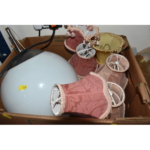 330 - FOUR BOXES AND LOOSE LAMPS AND SHADES to include three Ikea glass white spherical hanging lamps, app... 