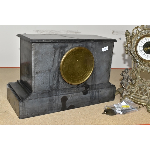 334 - A BLACK SLATE TIMEPIECE WITH A GOLD COLOURED CLOCK comprising a black slate mantel clock with three ... 