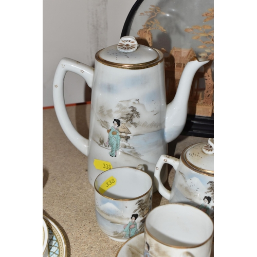 338 - A JAPANESE EGGSHELL PORCELAIN COFFEE SET AND A CASED CHINESE CORK DIORAMA comprising six coffee cups... 